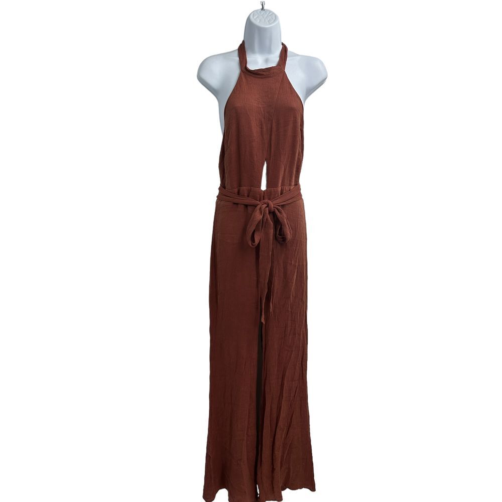 Faith & Asher Rust Halter Open Back Boho‎ Cutout Crinkled Jumpsuit Large